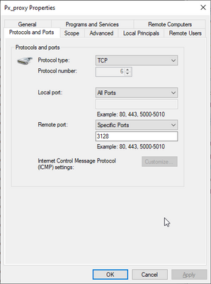Windows firewall settings "Protocols and Ports"