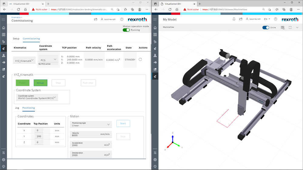 Virtual commissioning of a kinematics with the combination of MOTION and 3D Viewer App