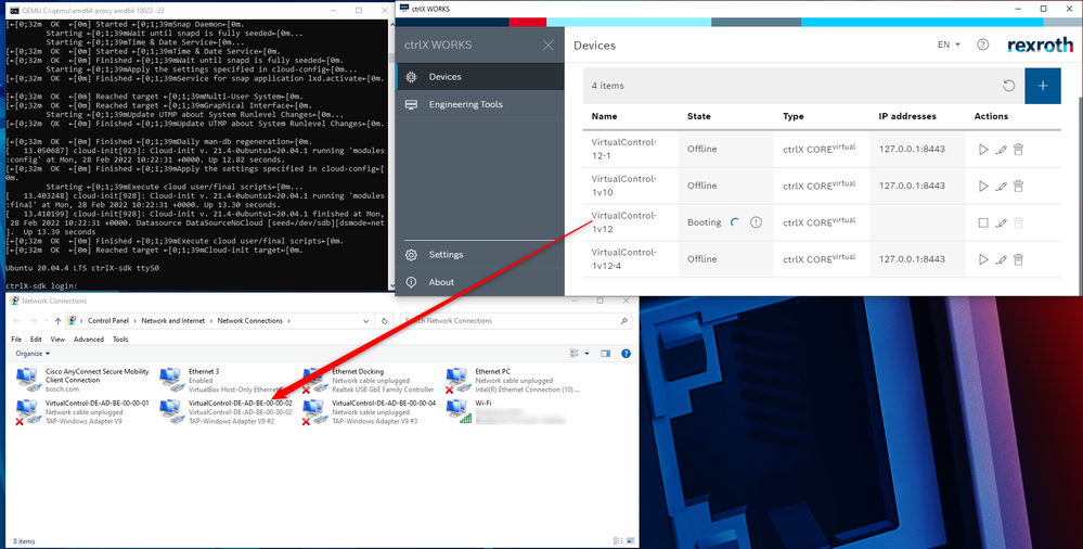 QEMU ctrlX COREvirtual Network Connections