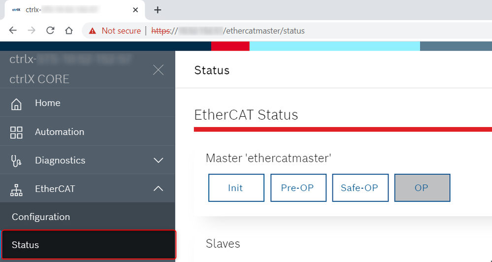 ctrlX web interface EtherCat status