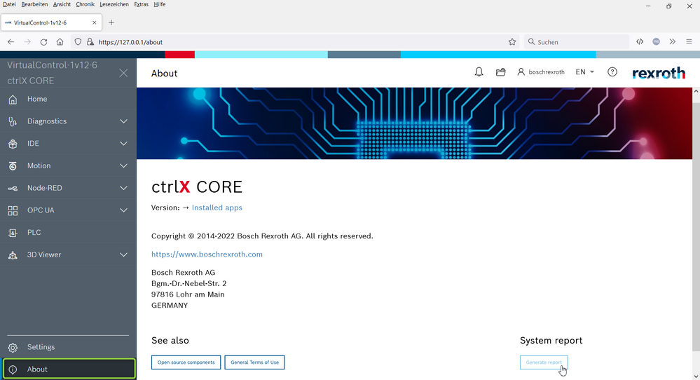 ctrlX CORE web UI - generate system report 1.12