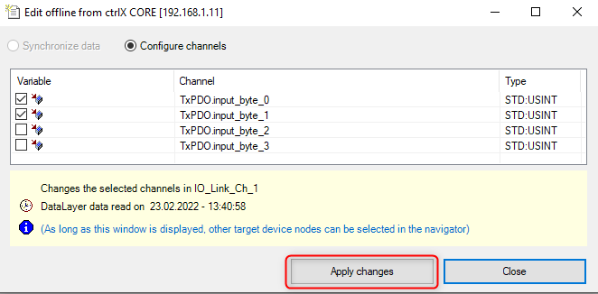 Select channel TxPDO input byte 0 and input byte 1 and apply changes