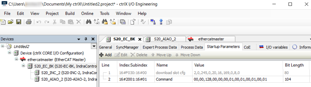 ctrlX IO Engineering startup parameter list with S20 IO
