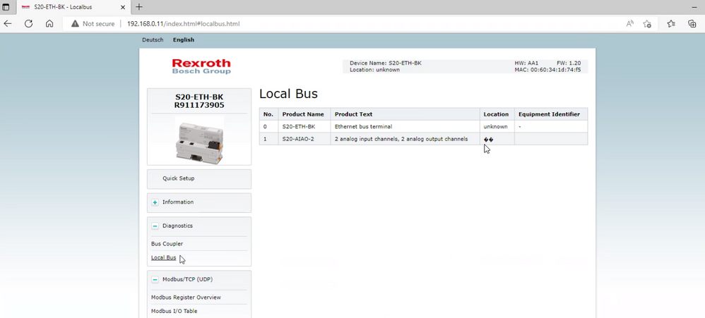 S20-ETH-BK web server local bus