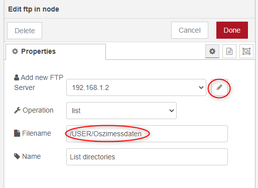 FTP node path and server configuration