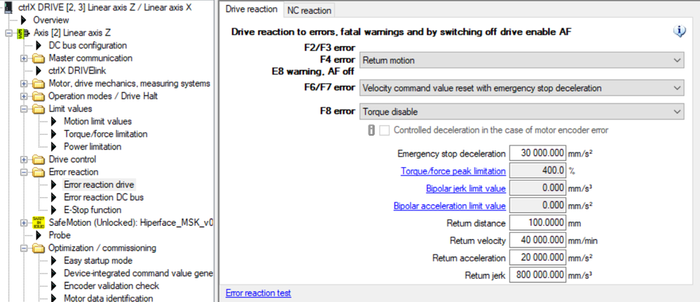 Fig. 6.: Parameter setting “Return Motion” in the case of F2/F3/F4 errors and E8 warning with time delay