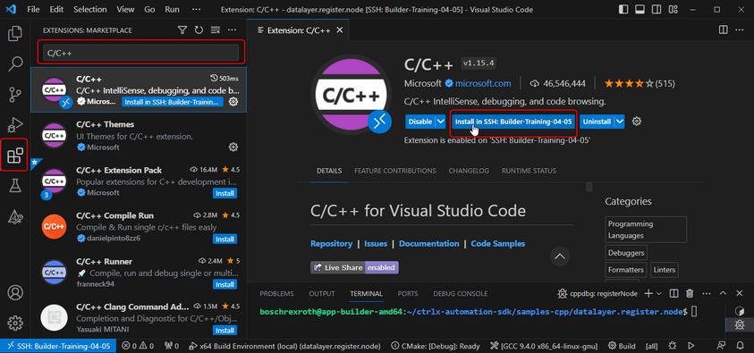 Install C/C++ extension in Visual Studio Code in SSH App Build Environment