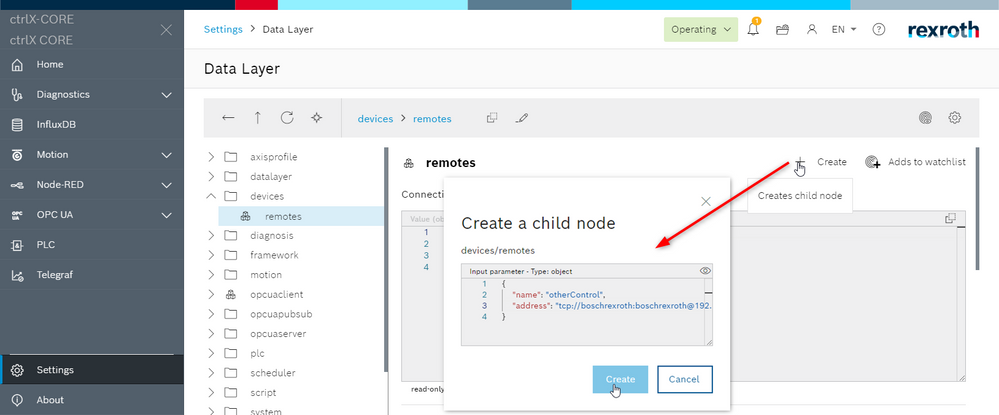 create the child node at devices/remotes in the ctrlX Data Layer