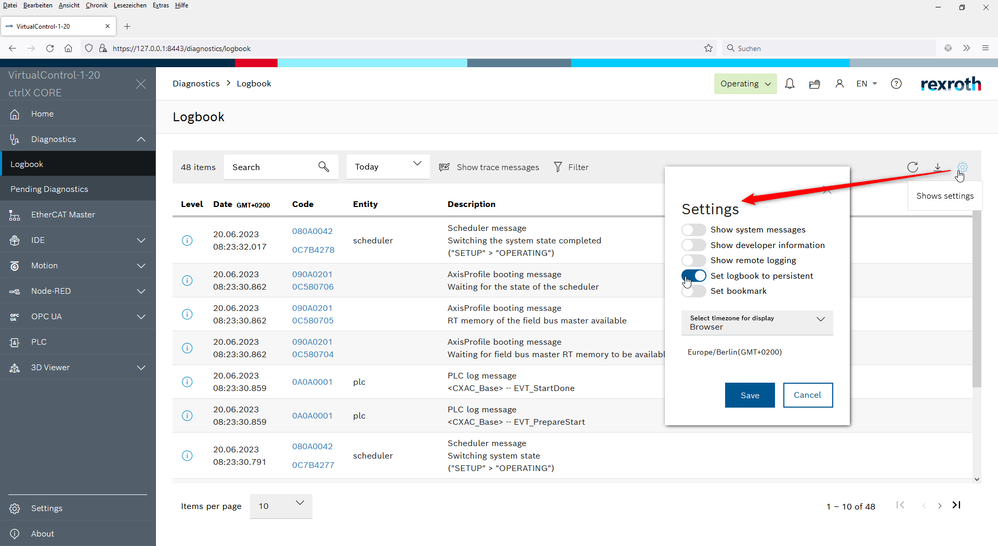 ctrlX CORE web UI logbook persistance settings