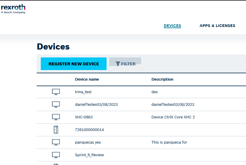 ctrlX Device Portal Devices Overview