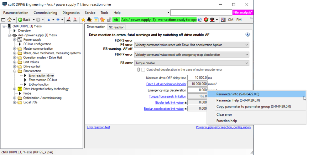 ctrlX DRIVE Engineering - error reaction emergency stop deceleration