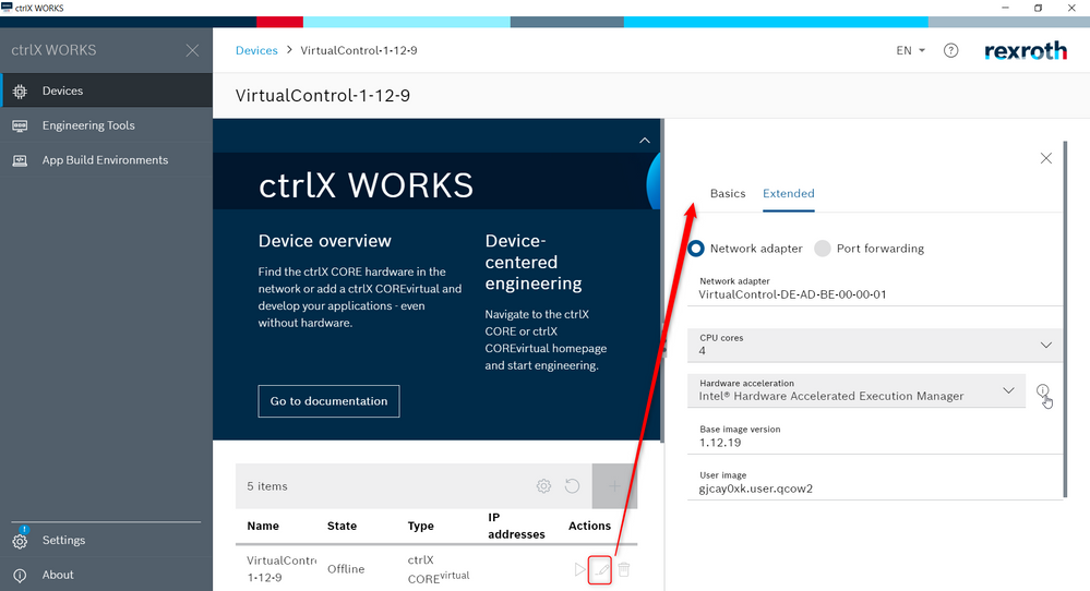 ctrlX WORKS - extended settings of ctrlX COREvirtual
