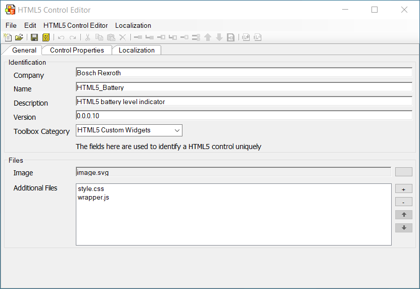 General: Provide control widget metadata (Company, Name, Description, etc.) and attach Javascript and CSS files