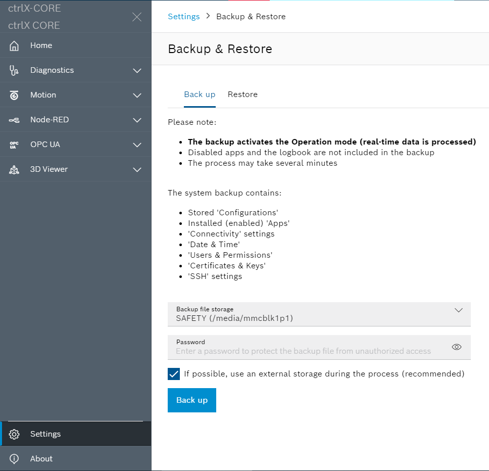 ctrlX CORE web UI - Backup 1.20