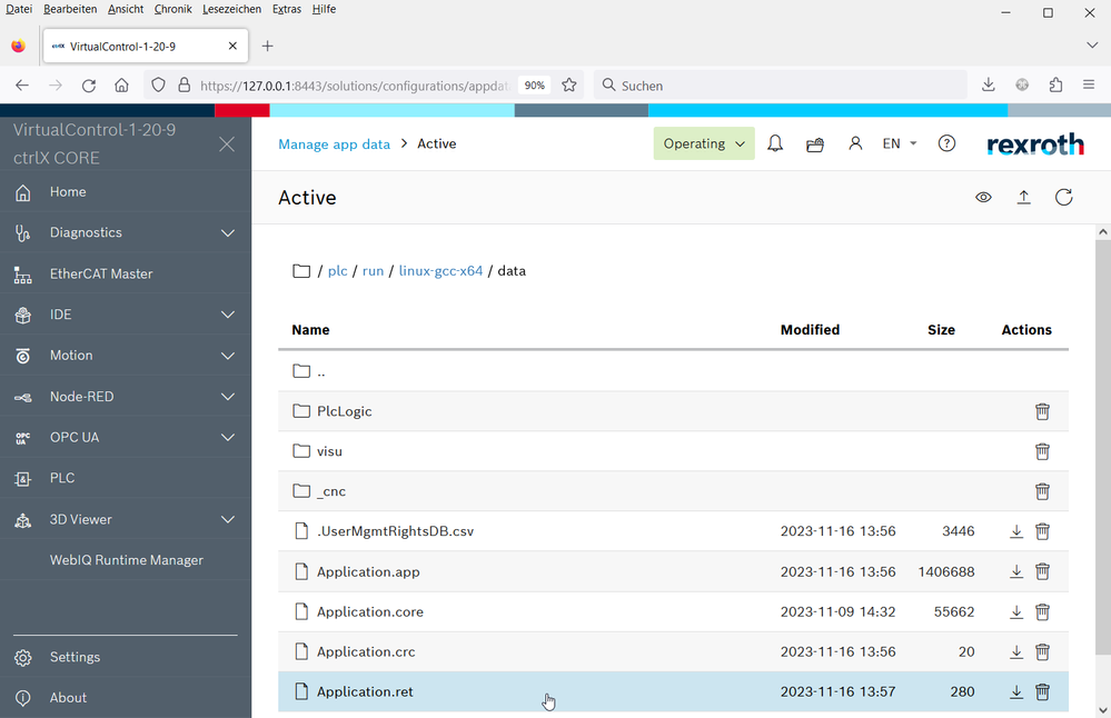 ctrlX CORE web UI - PLC retain data