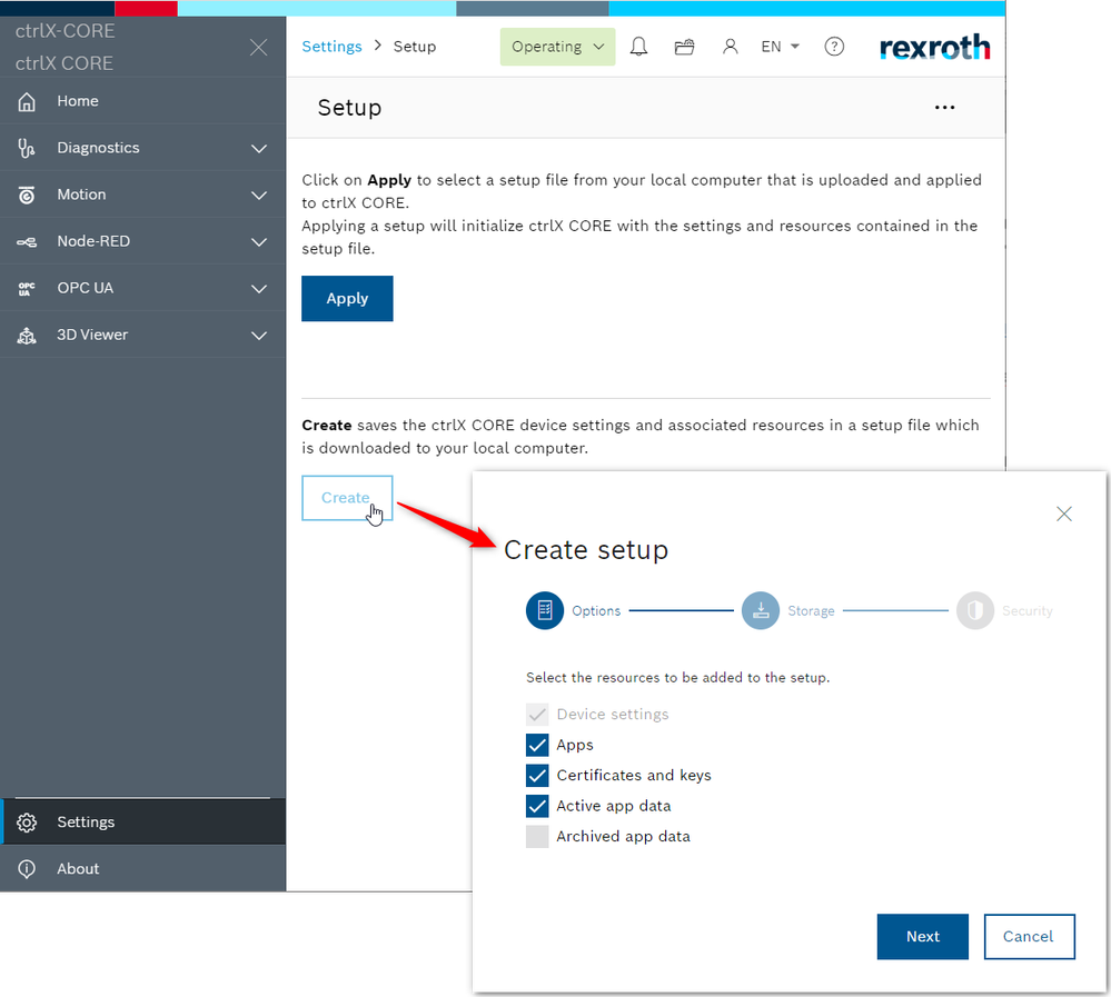 ctrlX CORE web UI - Create setup 1.20