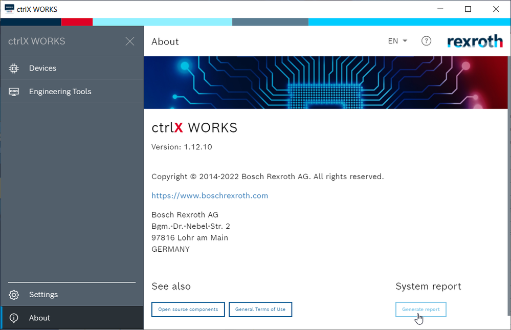 ctrlX WORKS - generate system report 1.12