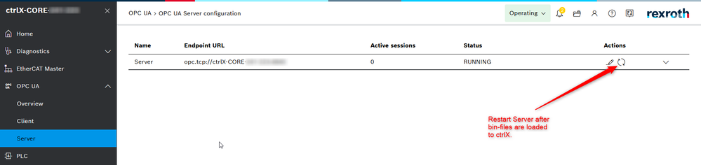 Step 5: Restart OPC UA Server over ctrlX Web Interface.