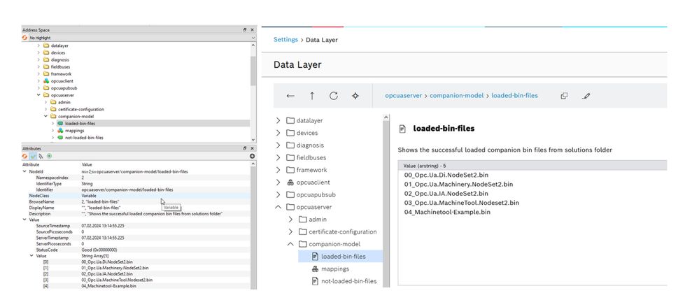 Inspect the loaded bin-files on ctrlX  OPC UA Server in Data Layer.