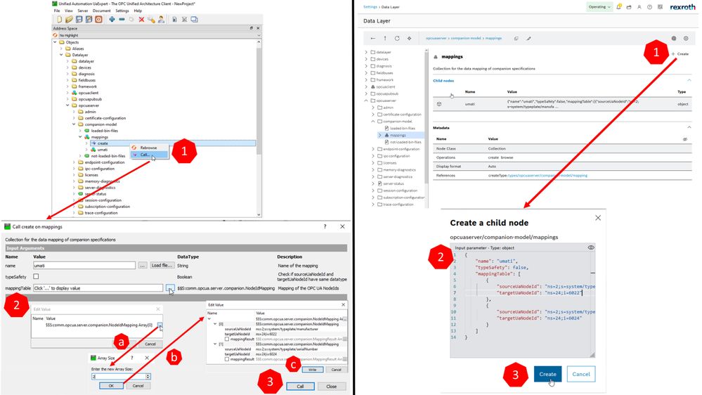 Mapping Data Layer nodes to OPC UA Nodes. Left side using UaExpert over ctlX OPC UA Server. Right side using Data Layer over the Data Layer Editor.