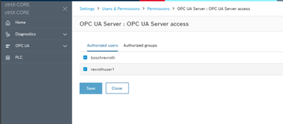 Figure 3: ctrlX CORE OPC UA Serverxs User & Permission