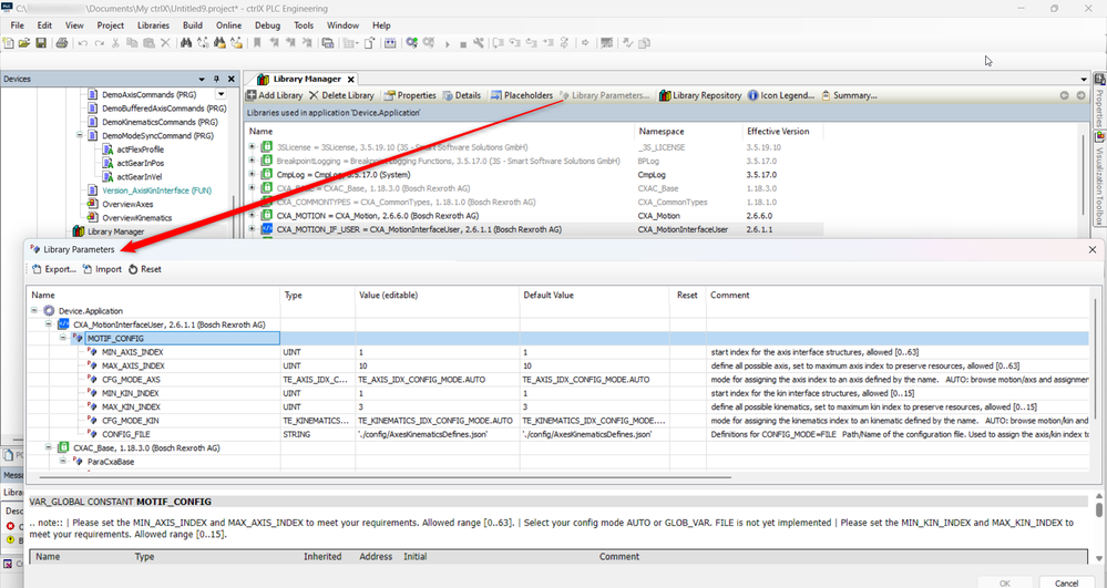 ctrlX PLC Engineering - CXA_MotionInterfacUser library settings