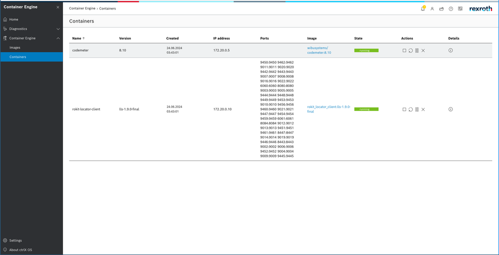 Container Engine Containers Overview page in ctrlX CORE web interface