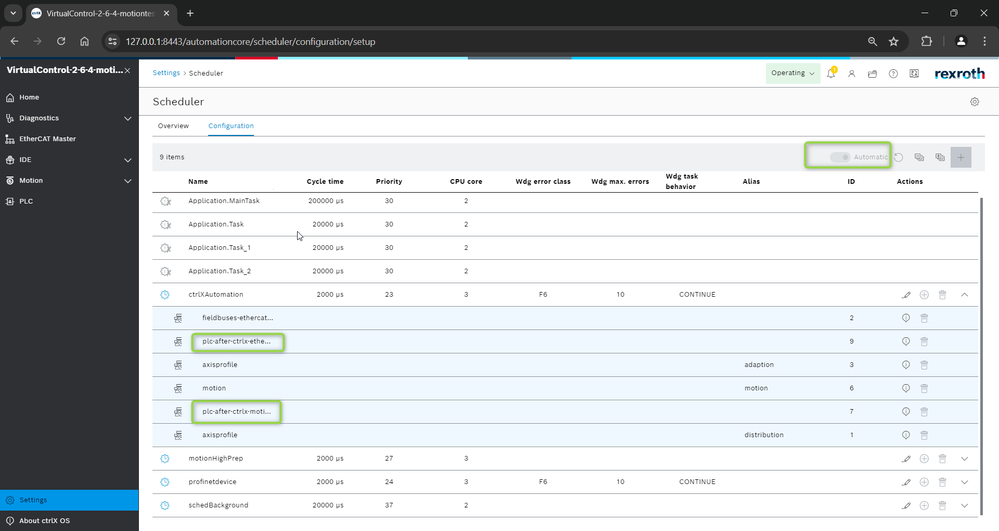 ctrlX OS web UI - Scheduler configuration with PLC events