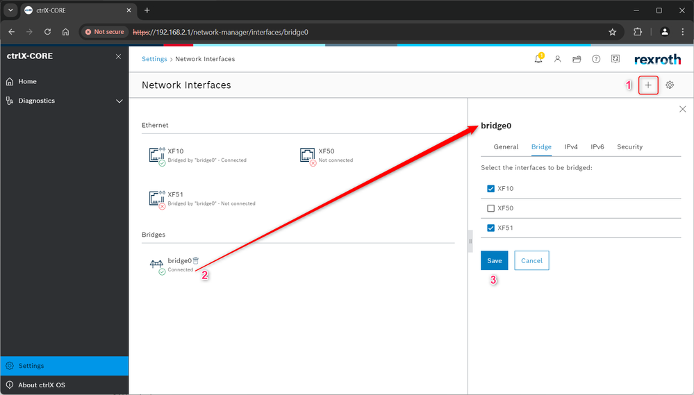 ctrlX web UI - add network bridge