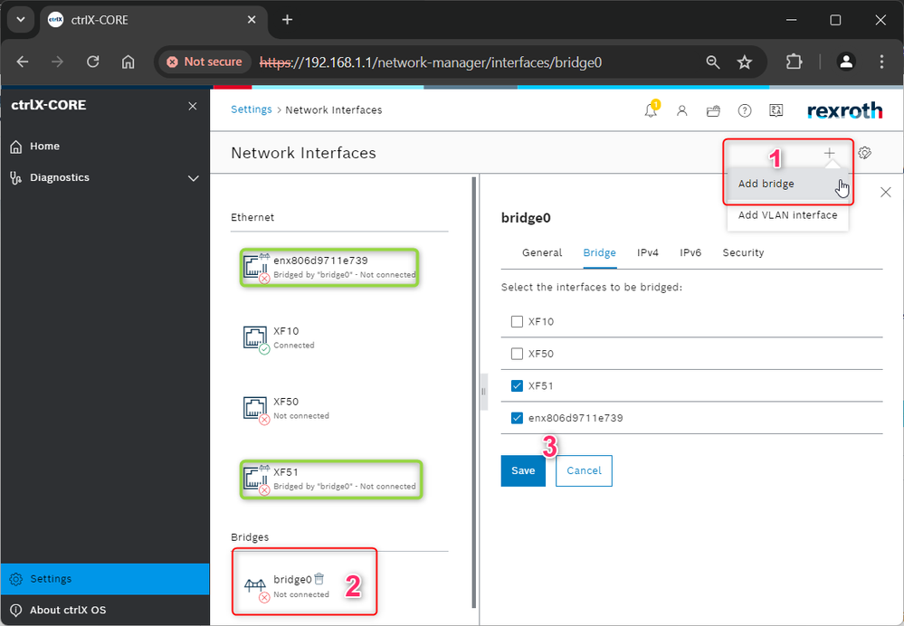 ctrlX CORE web UI - add network bridge to USB LAN adapter