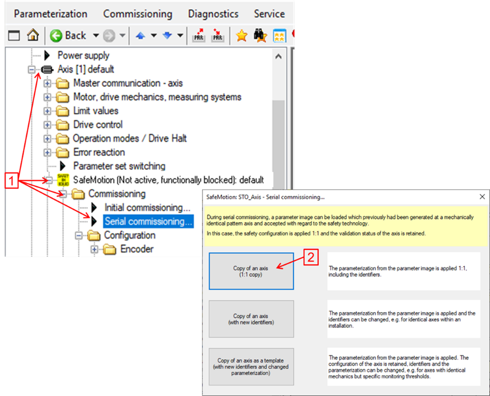 Serial commissioning copy of an axis 1:1 copy