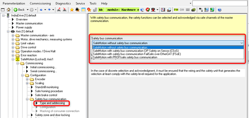 Select desired safety bus communication protocol