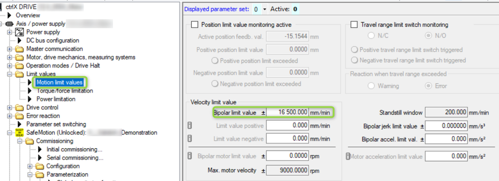 Settings for Motion limit values