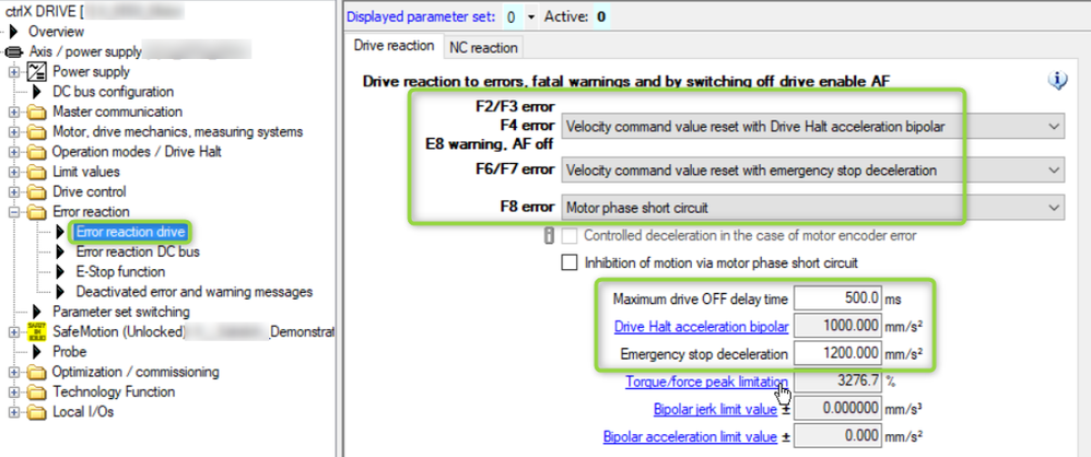 Settings for Error reaction drive