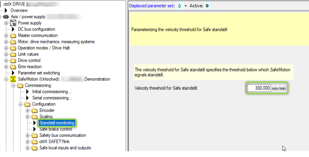 Settings for standstill monitoring