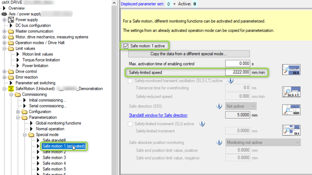 Settings for safe motion 1