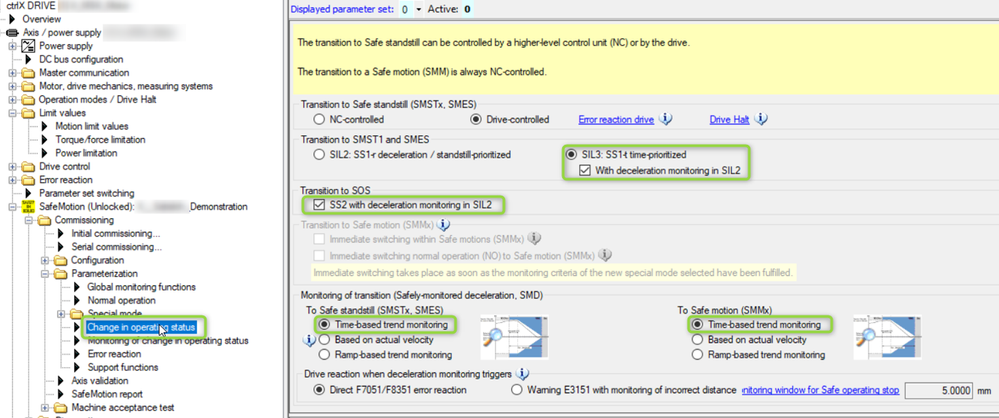 Settings for change in operating status