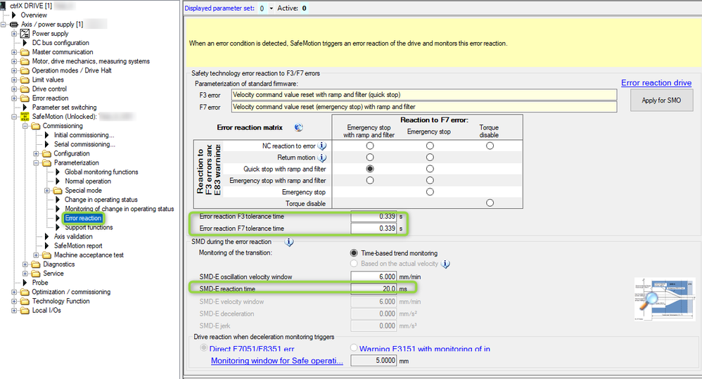 Settings for SafeMotion error reaction