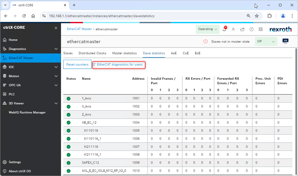 ctrlX OS - web UI - EtherCat slave statistics