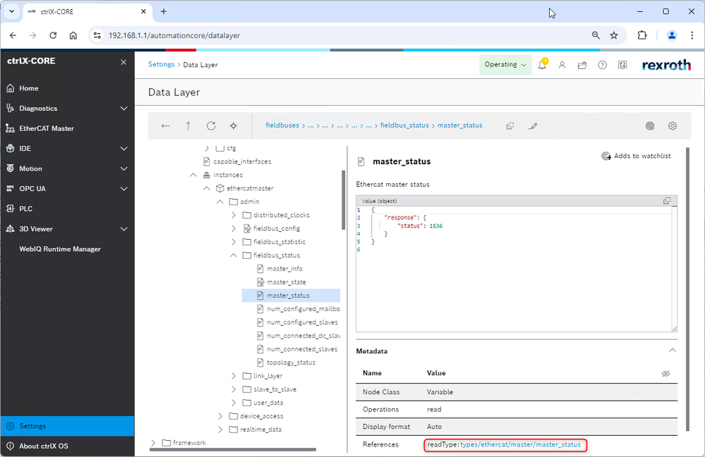 ctrlX OS - data layer viewer - EtherCat master status