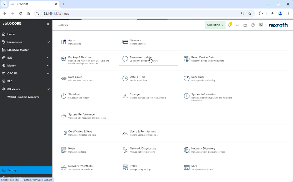 ctrlX OS web UI - Settings