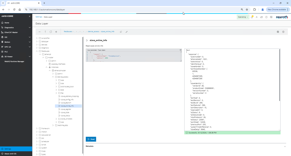 ctrlX OS web UI - data layer viewer - slave online info