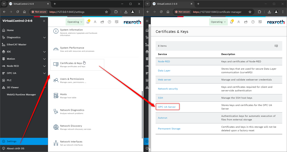 ctrlX OS web UI - Settings - Certificates and Keys - OPC UA Server