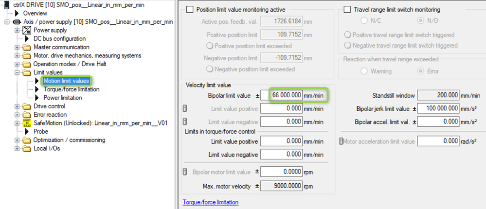 Settings for Motion limit values