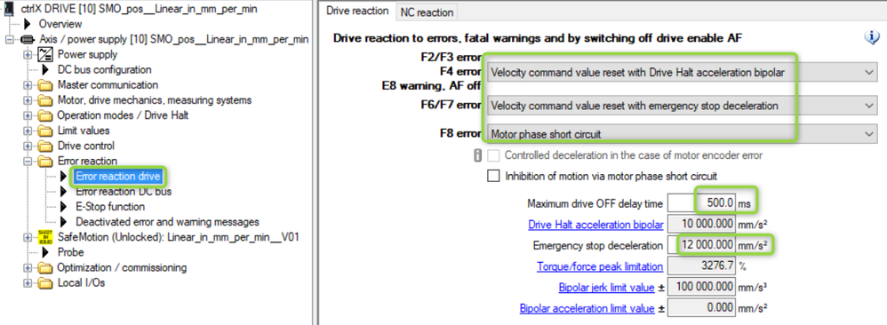 Settings for Error reaction drive