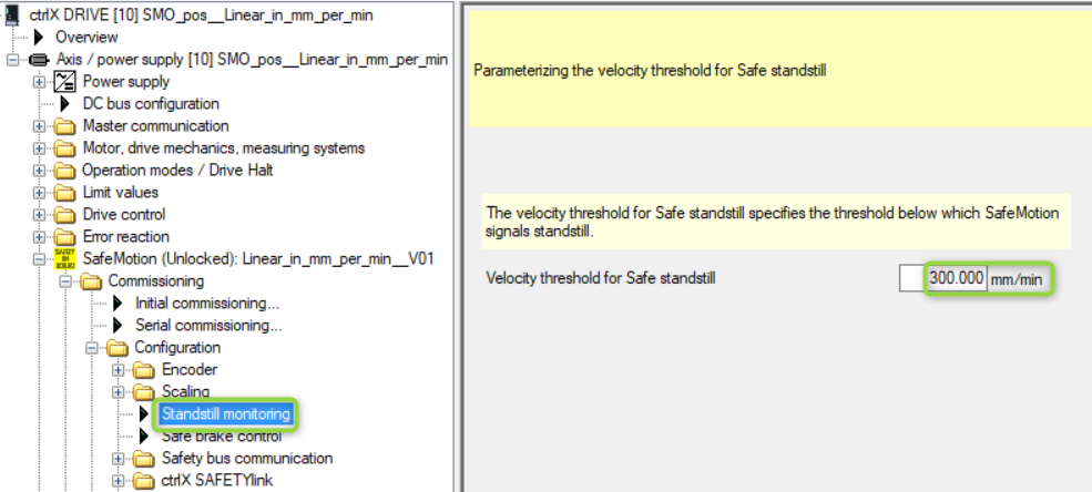 Settings for standstill monitoring