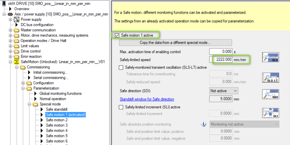 Settings for safe motion 1