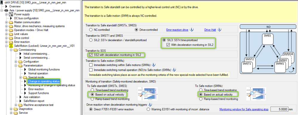 Settings for change in operating status