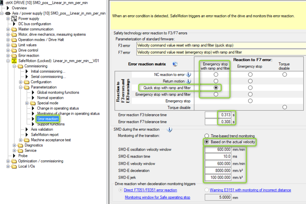 Settings for SafeMotion error reaction