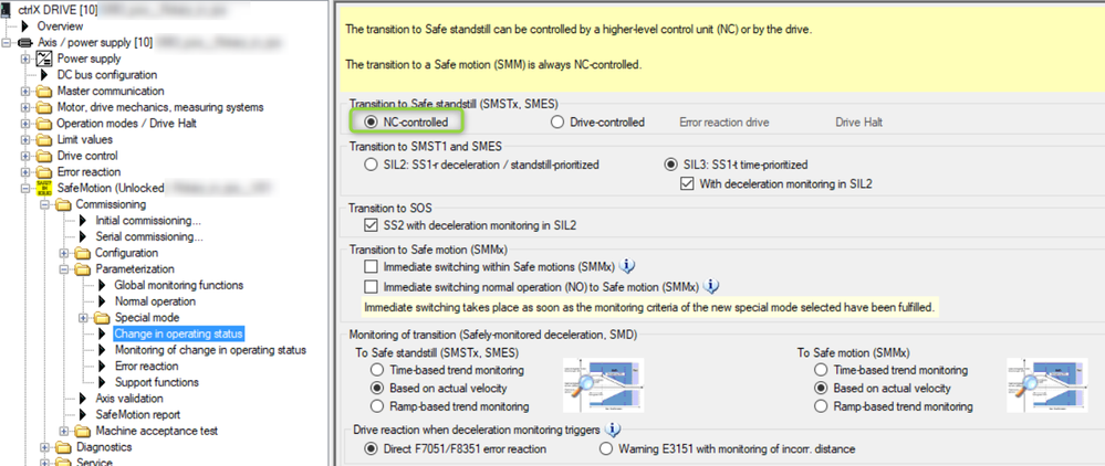 Settings for NC controlled transition